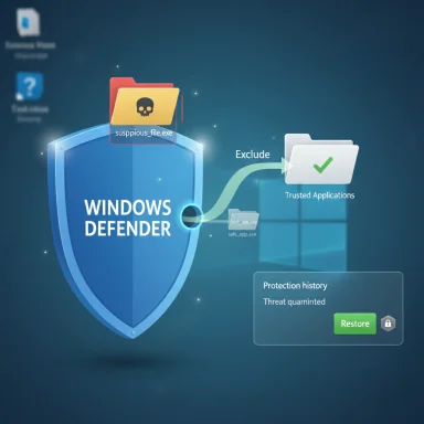 Windows Defender blocks a suspicious file (suspicious_file.exe) and suggests excluding trusted applications.