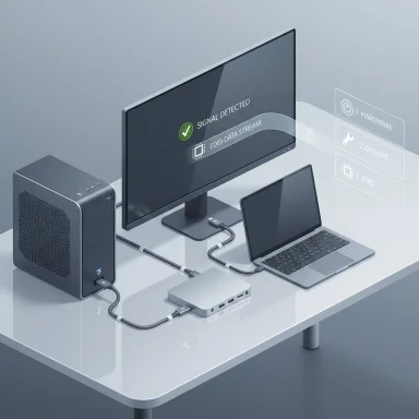 A desktop setup with monitor, laptop, and dock showing diagnostic graphics.