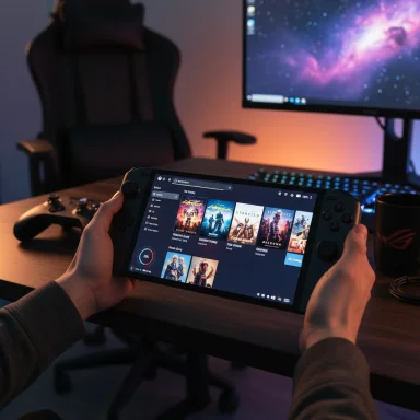Person playing a handheld console at a dim, RGB-lit desk setup with a monitor and mug.