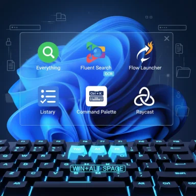 A neon-blue keyboard under a translucent app launcher overlay with six icons.