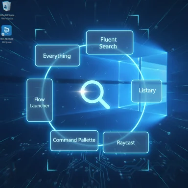 Neon blue diagram with a central magnifier and surrounding search tools: Everything, Fluent Search, Listary, Raycast, Command Palette, Flow Launcher.