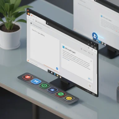 A modern workspace featuring a curved monitor, a potted plant, and a row of colorful app icons.