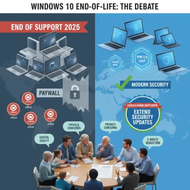 Split infographic on Windows 10 end-of-life: security upgrades vs. end-of-support, with a roundtable discussion.