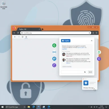 Windows-style desktop with Firefox open and a Copilot chat panel on screen.