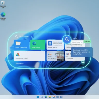 Futuristic Windows desktop with a glowing rounded app dock and search lens overlay.