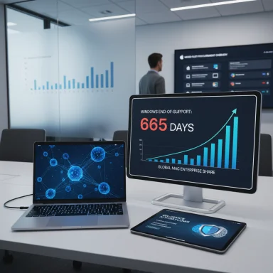 Tech office desk with a large monitor showing 665 days and an upward graph, plus a laptop and tablet.