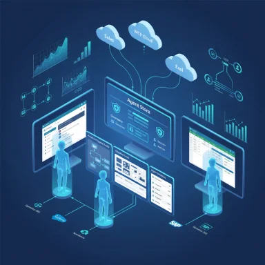 A futuristic cloud-based analytics hub with holographic avatars and interconnected dashboards.