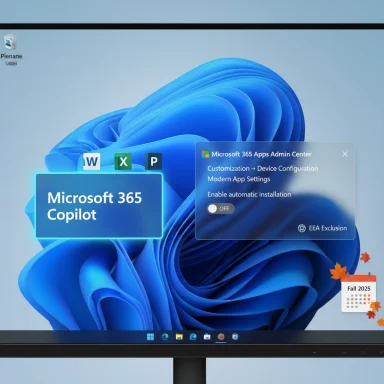 Windows desktop with a Microsoft 365 Copilot tile and Admin Center popup on a blue abstract wallpaper.