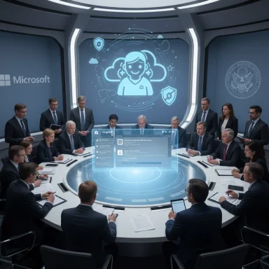 Executives gather in a futuristic circular boardroom around a holographic display.
