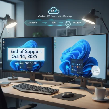 Twin-monitor workstation displaying a Windows 10 end-of-support notice (Oct 14, 2025).