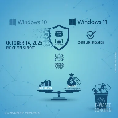Windows infographic: Windows 10 ends free support Oct 14, 2025; Windows 11 continues innovation.