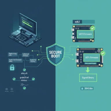 Diagram of Secure Boot validating UEFI firmware and signed binaries.