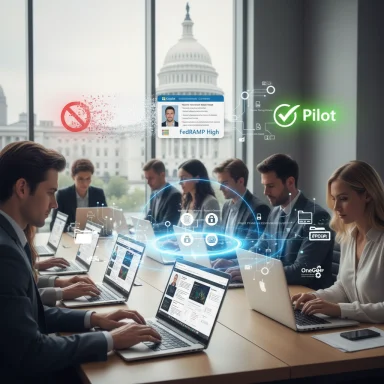 Business team in a high-tech meeting with holographic security icons and a Pilot badge.