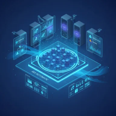 Futuristic blue holographic data center with blockchain-like server cubes and floating dashboards.