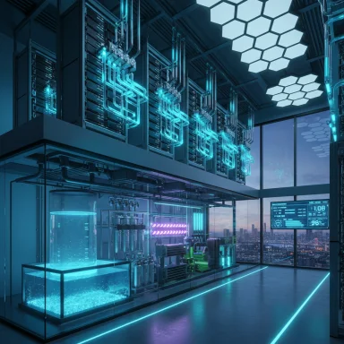 Futuristic data center with glass-walled servers, neon-blue circuitry, and a glowing liquid tank.