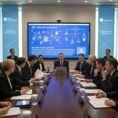 Government officials in a formal boardroom meeting, with a large screen displaying Copilot for Government.