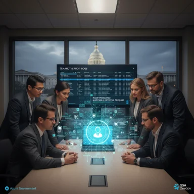 Six professionals study a holographic display in a government meeting room with the Capitol in view.