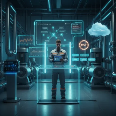 A technician stands at a glowing holographic control console in a high-tech industrial lab.