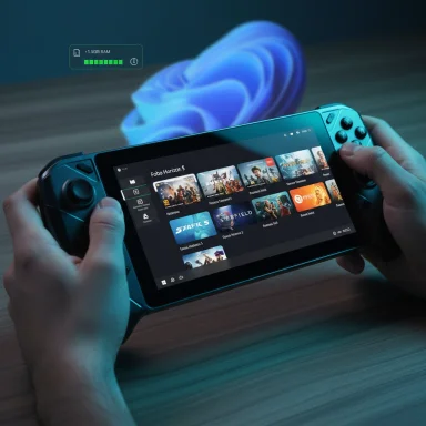 Two hands hold a handheld gaming console displaying a game library on screen.