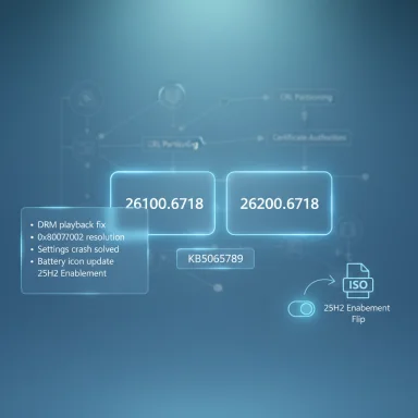 A futuristic UI diagram with numeric blocks, update notes, and a 25H2 enablement icon.