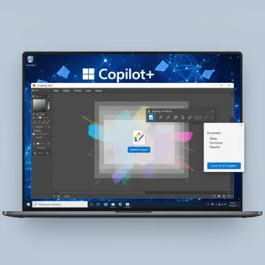 Laptop screen shows Copilot+ branding with AI tools in a design app.