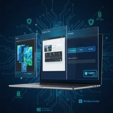 Laptop with floating app windows (Paint, Snipping Tool, Notepad) against a blue circuit-themed background.