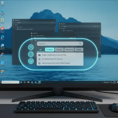 Monitor screen shows a glowing neon AI search overlay over a lake-and-mountain Windows wallpaper.