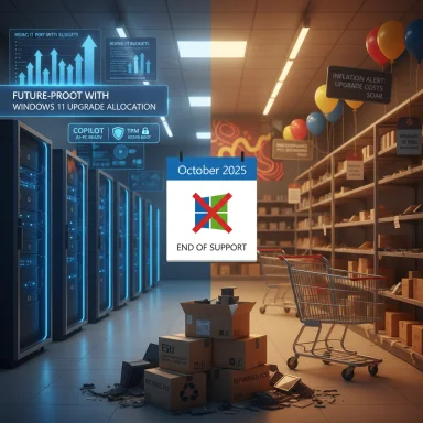Futuristic data center beside a store aisle, signaling October 2025—the end of Windows 11 support.