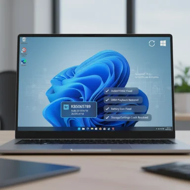 A laptop on a desk displays Windows update status bubbles over a blue abstract wallpaper.