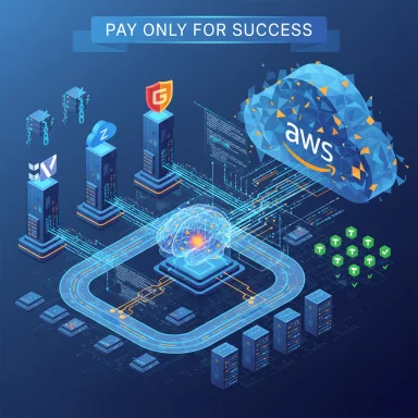 Pay-for-success themed cloud computing scene with AWS, servers, and data pathways.