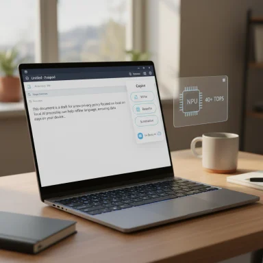 A modern laptop on a desk with a holographic HUD showing NPU 40+ TOPS.