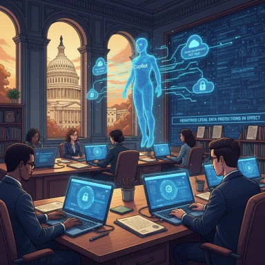 Lawyers in a high-tech briefing room work on holographic Copilot data amid digital legal screens, with the Capitol visible outside.