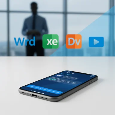 A smartphone rests on a white desk as a blurred office figure and colorful app icons appear in the background. A smartphone rests on a white desk as a blurred office figure and colorful app icons appear in the background.