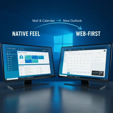 Two monitors display native-feel vs web-first Outlook in a Windows setup.