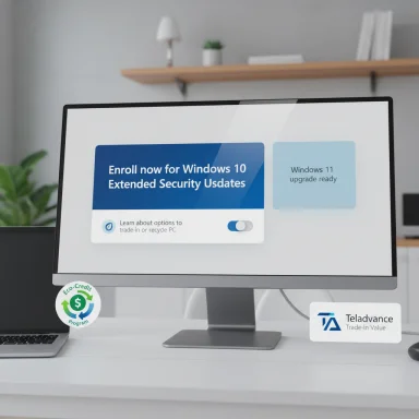 Monitor displays Windows 10 Extended Security Updates promo and Windows 11 upgrade tile.