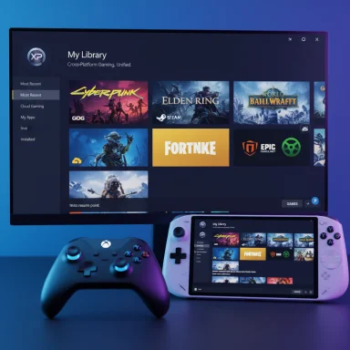 A large monitor displays a cross‑platform game library with an Xbox controller and a Switch.