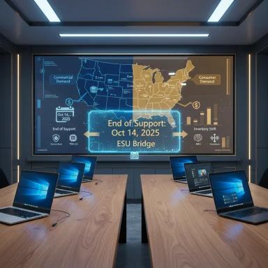 Rows of laptops in a high-tech classroom facing a large screen announcing End of Support on Oct 14, 2025.