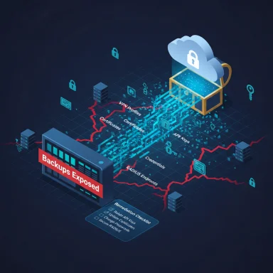 Isometric scene showing “Backups Exposed” as data leaks from servers to cloud storage.