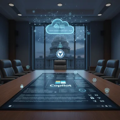 A futuristic conference room with a holographic Copilot table displaying Azure Government/GCC High.