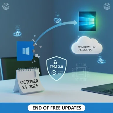 Promotional illustration showing the end of free Windows updates with Cloud PC and TPM 2.0.