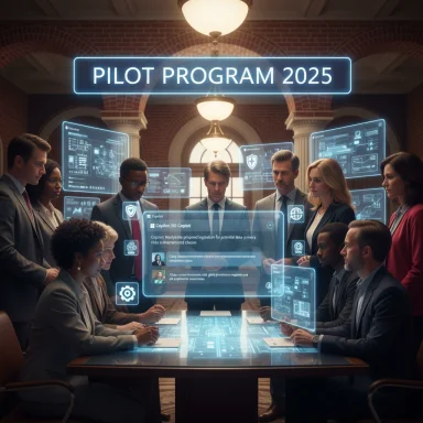 Diverse professionals gather around a table, watching neon holographic displays for Pilot Program 2025.