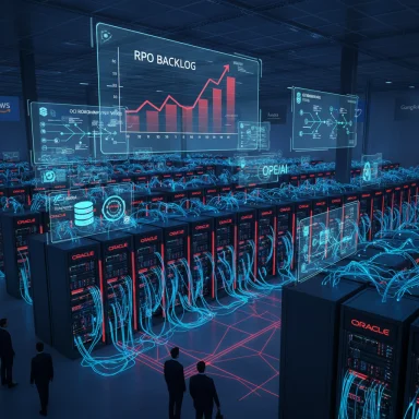 Futuristic Oracle data center with holographic dashboards showing RPO backlog.