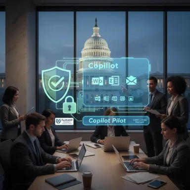Business team in a conference room uses a holographic Copilot interface with the Capitol building in view.