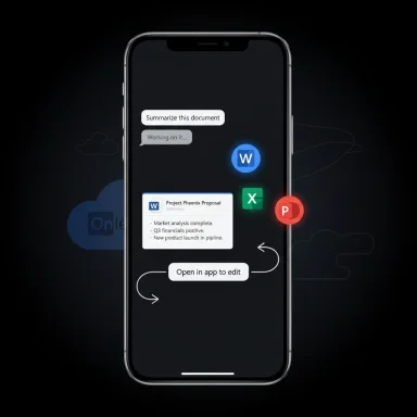 AI-powered mobile editor with Word, Excel, and PowerPoint icons around a document.