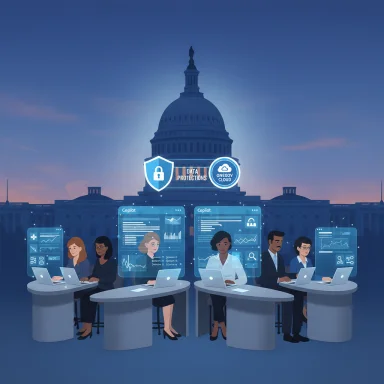 Data security team works at night in front of the Capitol, analyzing dashboards on holographic screens.