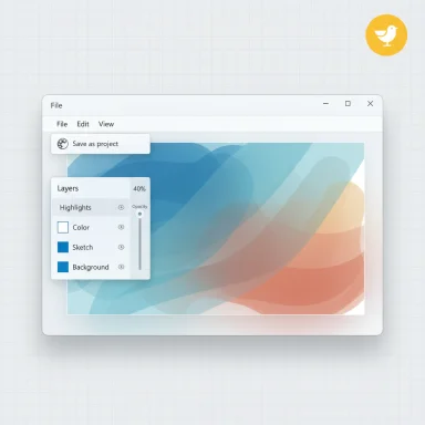 A desktop app window with a layers panel and 'Save as project' over an abstract blue-and-orange artwork.