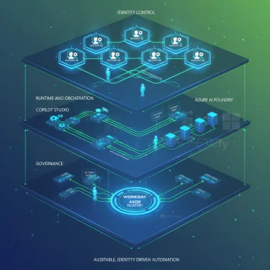 Futuristic layered diagram of identity control and automation across governance and AI foundations.