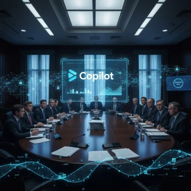 Executives sit around a large conference table as a glowing Copilot holographic display dominates the room.