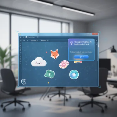 A floating software window displaying AI features and cute icons in a modern office.