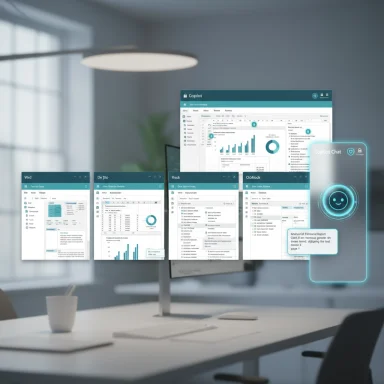 A futuristic desk with floating holographic screens and a Copilot chat panel.